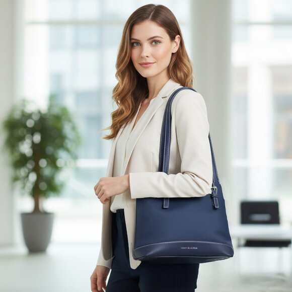 Tommy Hilfiger Navy Blue Tote Shoulder Bag Purse Faux Leather Nylon Pockets - Picture 1 of 10